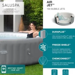 Bestway SaluSpa Grenada AirJet Inflatable Hot Tub with Non-Slip Seats and Padded Headrests, Gray