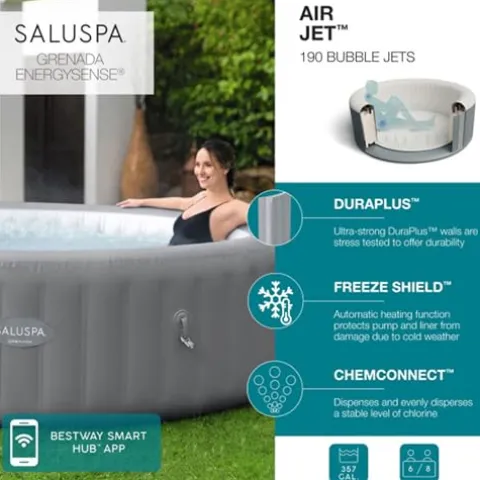 Bestway SaluSpa Grenada AirJet Inflatable Hot Tub with Non-Slip Seats and Padded Headrests, Gray