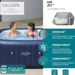 Bestway SaluSpa Hawaii AirJet 4-6 Person Inflatable Hot Tub with EnergySense Cover Blue