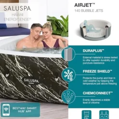 Bestway SaluSpa Hawaii EnergySense Smart Luxe AirJet Inflatable Hot Tub Spa Black Marble