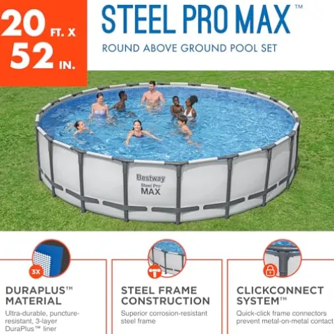 Bestway Steel Pro MAX 20 Foot x 52 Inch Round Above Ground Swimming Pool Set Gray