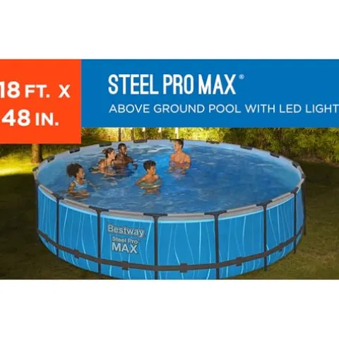 Bestway Steel Pro MAX 18 Foot x 48 Inches Round Swimming Pool Set Grey Print LED