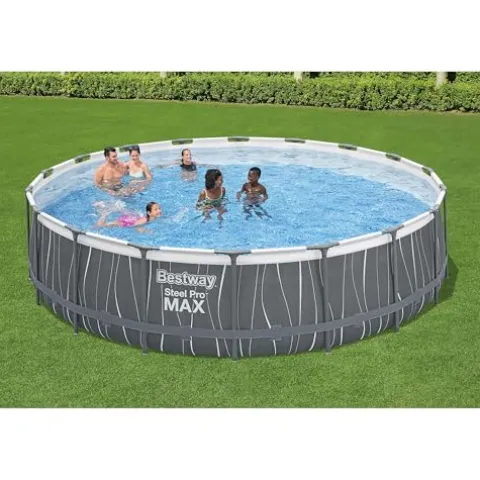Bestway Steel Pro MAX 18 Foot x 48 Inches Round Swimming Pool Set Grey Print LED