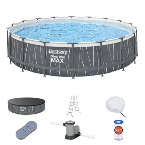 Bestway Steel Pro MAX 18 Foot x 48 Inches Round Swimming Pool Set Grey Print LED