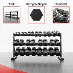 BK BodyKore Rubber Coated Hex Dumbbell Set with Frame & Commercial Rack Black