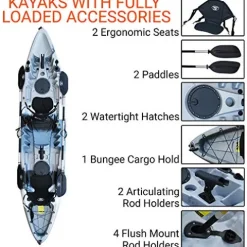 BKC TK219 Tandem Sit-On-Top Fishing Kayak with Padded Seats and Paddles Grey Camo