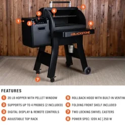 BLACKSTONE Pellet Grill Smoker with 20lb Hopper and Integrated Front Shelf Black