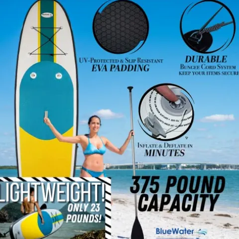 Blue Water Toys Portable Inflatable Stand Up Paddle Board Kit Turquoise/Yellow