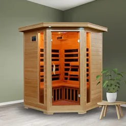 Blue Wave 3-Person Hemlock Corner Infrared Sauna w/ 7 Carbon Heaters Brown