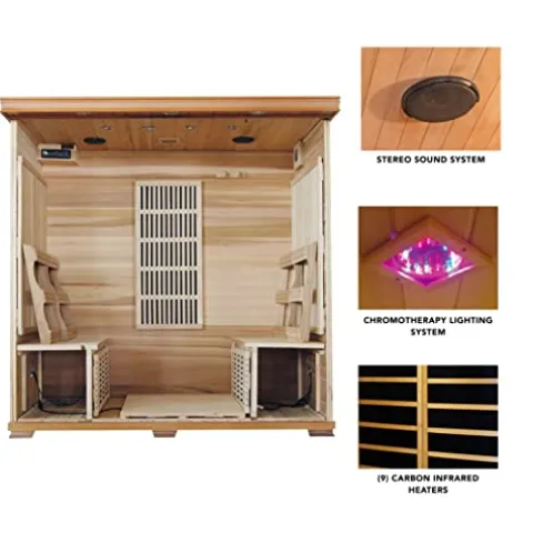 Blue Wave Radiant Saunas 4-Person Cedar Infrared Sauna with 9 Carbon Heaters, Chromotherapy Lighting, Oxygen Ionizer, Music System