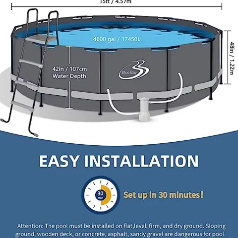 BlueBay Above Ground Swimming Pool Set 15ft x 48in with 1000 GPH Filter Pump, Cover, Ladder, Maintenance Kit Gray Frame