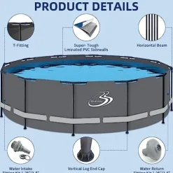 BlueBay Above Ground Swimming Pool Set 15ft x 48in with 1000 GPH Filter Pump, Cover, Ladder, Maintenance Kit Gray Frame