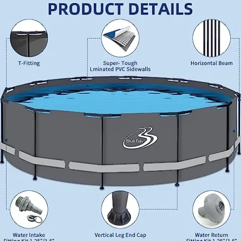 BlueBay Above Ground Swimming Pool Set 15ft x 48in with 1000 GPH Filter Pump, Cover, Ladder, Maintenance Kit Gray Frame