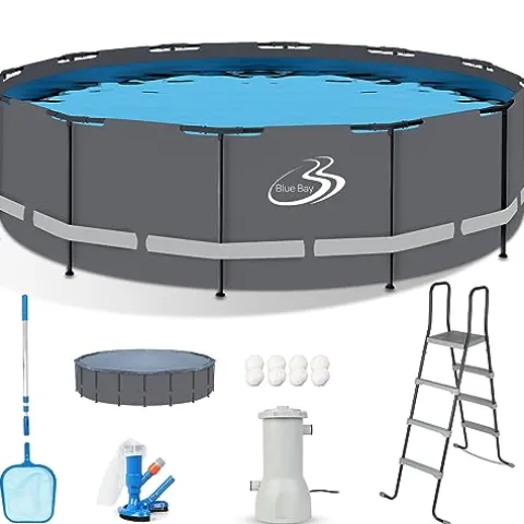 BlueBay Above Ground Swimming Pool Set 15ft x 48in with 1000 GPH Filter Pump, Cover, Ladder, Maintenance Kit Gray Frame