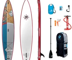Boardworks SHUBU Raven Touring Inflatable Stand Up Paddleboard 12′ 6″ Red/Grey/White/Wood