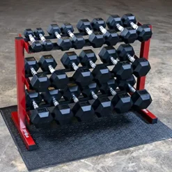 Body-Solid 5-50 lb. Rubber Dumbbell Set with Rack & Vinyl Mat Red