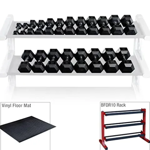Body-Solid 5-50 lb. Rubber Dumbbell Set with Rack & Vinyl Mat Red