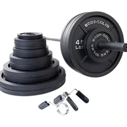 Body-Solid Cast Iron Olympic Weight Plate Set with Bar 355 lb Black