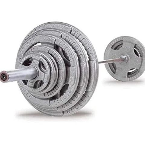 Body-Solid Cast Iron Quad Grip Weight Plate Set with 7 ft Olympic Bar Chrome/Gray