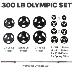 CENTR Olympic Barbell Weight Set with Bar 300 lb – Chrome/Black