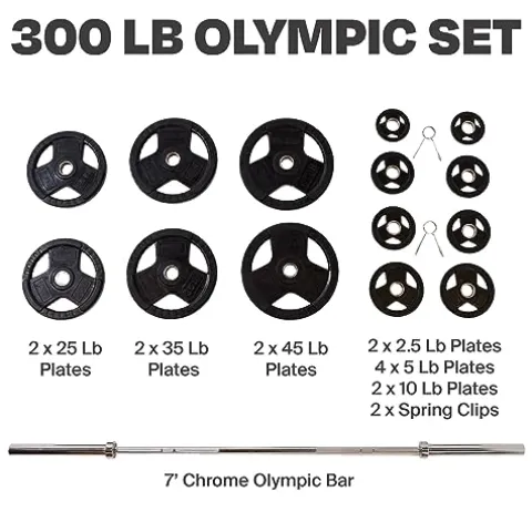 CENTR Olympic Barbell Weight Set with Bar 300 lb – Chrome/Black