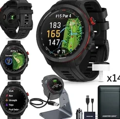 Certified Brands Garmin Approach S70 Golf Smartwatch AMOLED Display Shot Execution/Putt Alignment Golfing System with Approach CT10 Full Kit Club Tracking System (14 Sensors) and Signature Stand Power Bundle 47mm – Black