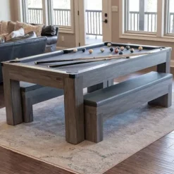 Chamberlain Game Tables Rocky Mountain Nights 7ft Pool Table with Benches and Dining Top Gray