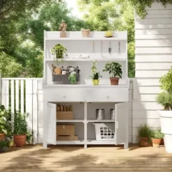 ChicFurnit Fir Wood Garden Potting Bench Table 65-inch Workstation with Storage Shelf Drawer Cabinet White