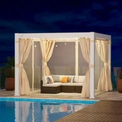 COSIEST 10’×10′ Louvered Aluminum Pergola with Adjustable Roof, Netting & Curtains White