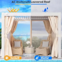 COSIEST 10’×10′ Louvered Aluminum Pergola with Adjustable Roof, Netting & Curtains White