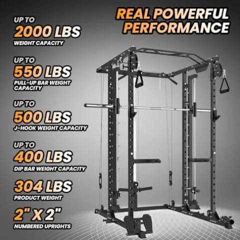 CuisinAid Power Cage with Smithbar 2000 Lbs Power Rack Cable Crossover System Black