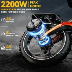 Cybervelo EK6 Max 2.0 Electric Bike 2200W 25Ah 20″ Fat Tire Orange