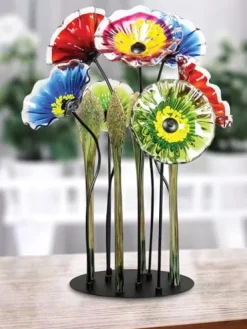 Dale Tiffany Fiore Bloom Hand Blown Glass Flower Sculpture with Metal Stand Multicolor 34.5