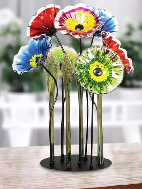 Dale Tiffany Fiore Bloom Hand Blown Glass Flower Sculpture with Metal Stand Multicolor 34.5
