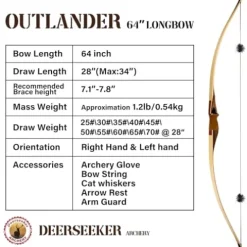 Deerseeker Outdoor 64″ Traditional Longbow Set Bamboo 95lb Right Hand