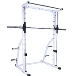 Deltech Fitness DF4900 Smith Machine with Linear Bearings, Weight Plate Storage, Pull-Up Bar, Squat Rack, Half Power Cage White and Black