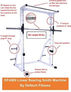 Deltech Fitness DF4900 Smith Machine with Linear Bearings, Weight Plate Storage, Pull-Up Bar, Squat Rack, Half Power Cage White and Black