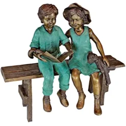 Design Toscano Read to Me Boy and Girl on Bench Cast Bronze Garden Statue Two Tone Bronze & Verdigris