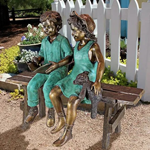 Design Toscano Read to Me Boy and Girl on Bench Cast Bronze Garden Statue Two Tone Bronze & Verdigris
