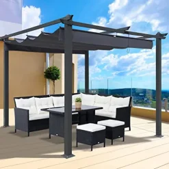 DESIGNSCAPE3D 10×10 Ft Retractable Patio Pergola with Canopy Gray