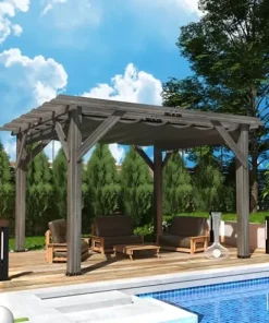 DEXSO 10′ x 12′ Cedar Wood Pergola with Retractable Shade Canopy Charcoal Gray