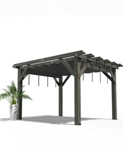 DEXSO 10′ x 12′ Cedar Wood Pergola with Retractable Shade Canopy Charcoal Gray