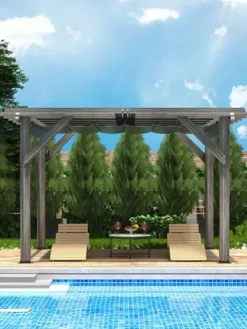 DEXSO 10′ x 12′ Cedar Wood Pergola with Retractable Shade Canopy Charcoal Gray