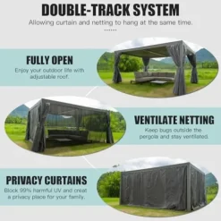 Domi Outdoor Living Louvered Pergola 10x13FT Aluminum Rainproof Backyard with Curtains and Netting Gray