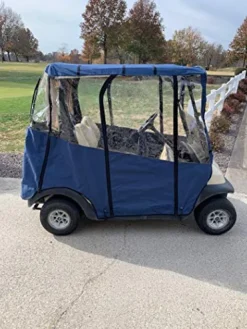 DOORWORKS GOLF CART ENCLOSURES Blue Universal Golf Cart Cover with Travel Bag – Portable & Drivable 4-Sided – Fits EZGO TXT RXV & Club Car DS Precedent Onward (Blue, 60” L X 44” W)