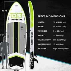 Driftsun Inflatable Paddle Board 12ft Extra Wide SUP Package Green