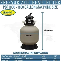EasyPro Pond Products PBF1800 Pressurized Bead Filter for Ponds & Fish Systems 1800 Gallon Max