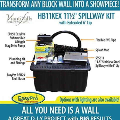 EasyPro Pond Products Vianti Falls Kit – Add a Waterfall to Any Block Wall – 11 ½” Stainless Spillway w/6” Extended Lip, Basin, EP850 Pump – No Light