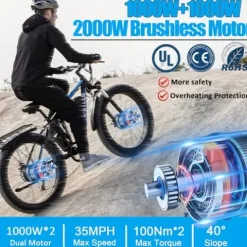 E·Bycco Dual 1000W Motors 2000W Electric Bike for Adults, 35MPH 48V 23Ah Battery Electric Bicycle, Full Suspension 26″*4.0 Fat Tire Hydraulic Disc Brake, Beach Off-Road Mountain E-Bike for Men EB7Pro Blue/2000W/Dual Motor