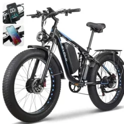 E·Bycco Dual 1000W Motors 2000W Electric Bike for Adults, 35MPH 48V 23Ah Battery Electric Bicycle, Full Suspension 26″*4.0 Fat Tire Hydraulic Disc Brake, Beach Off-Road Mountain E-Bike for Men EB7Pro Blue/2000W/Dual Motor